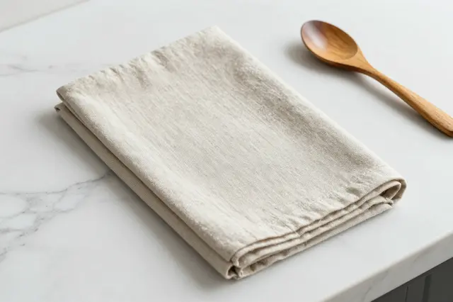 Folded plain linen tea towel rests on a white marble countertop beside a wooden cooking spoon.