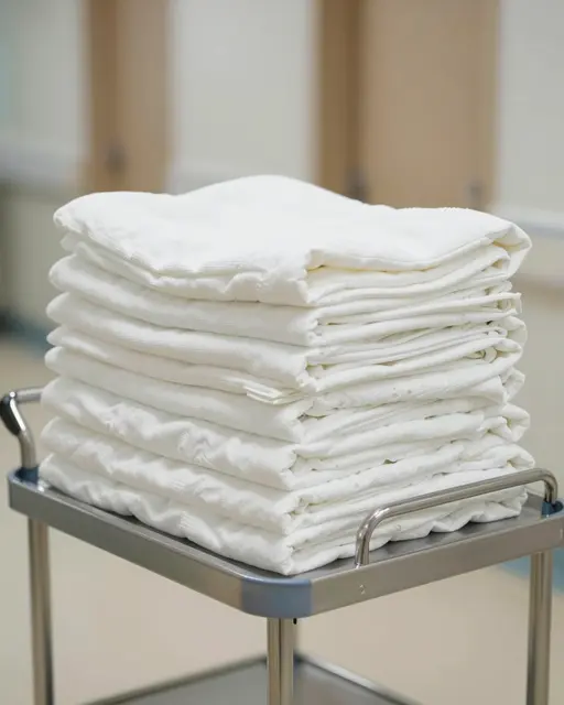 A stack of neatly folded white blankets sits on a metal linen cart in a softly lit hospital corridor