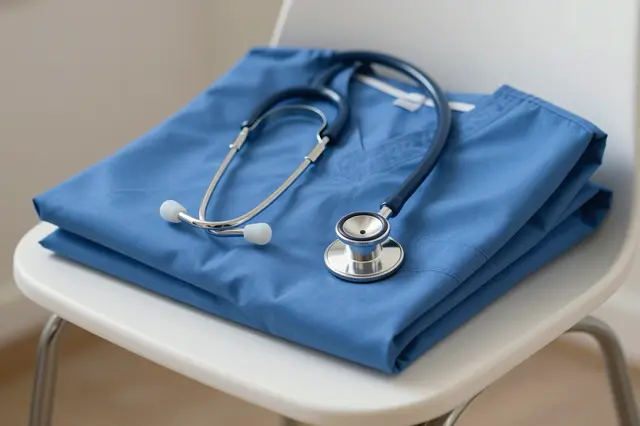 Neatly folded blue medical scrubs with a stethoscope resting on a white office chair
