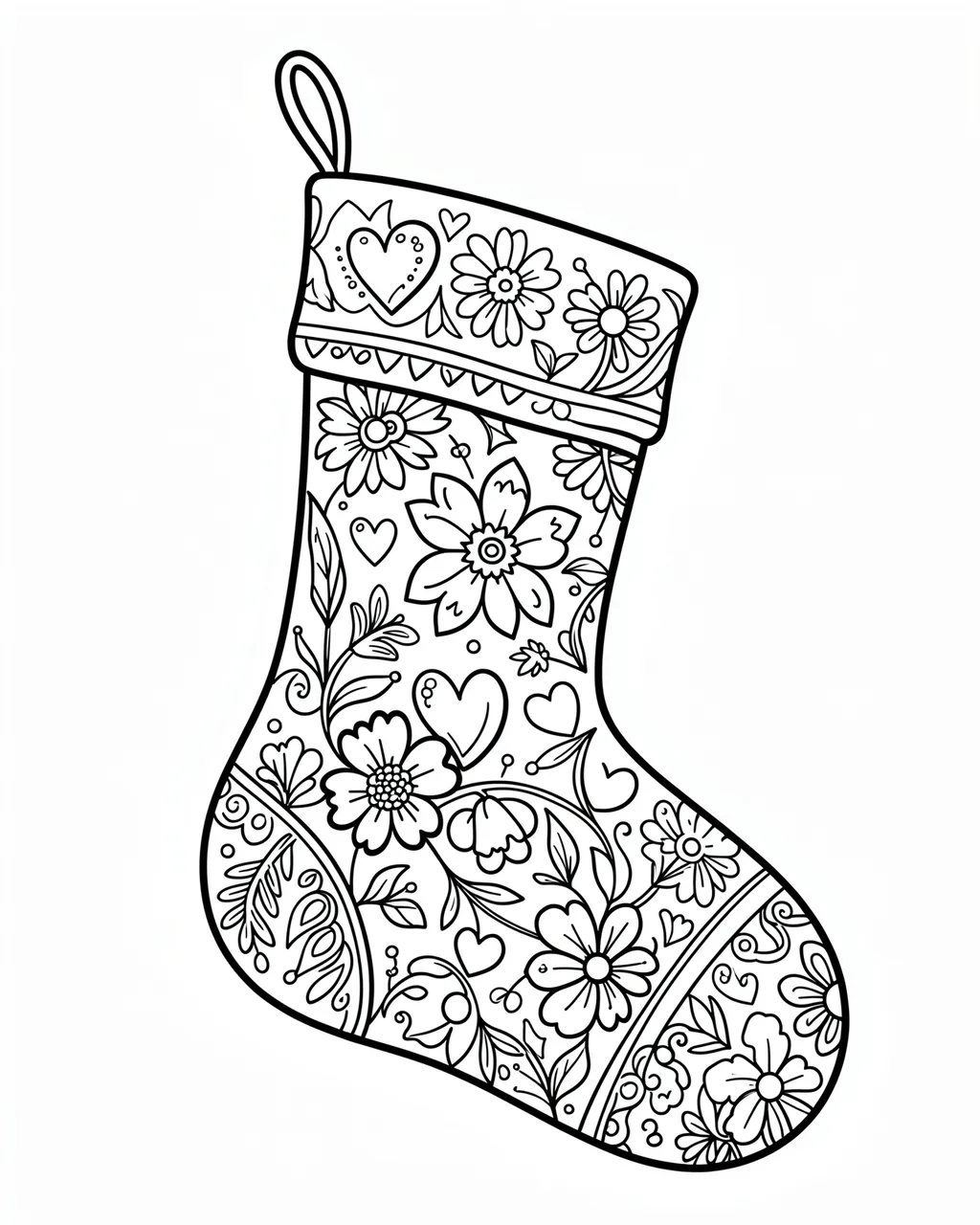 Black and white line art of a detailed Christmas stocking decorated with folk flowers and hearts on a white background