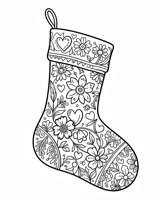 Black and white line art of a detailed Christmas stocking decorated with folk flowers and hearts on a white background