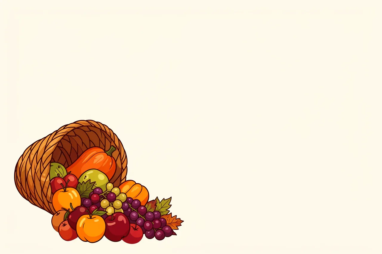 A folk art style cornucopia spilling fall produce sits in the bottom left of a cream copy space background