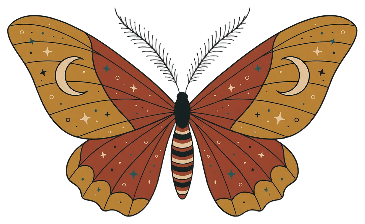 Symmetrical flat folk art moth with crescent moon wing markings, spread wings and feathery antennae