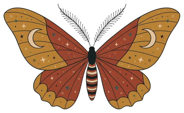 Symmetrical flat folk art moth with crescent moon wing markings, spread wings and feathery antennae