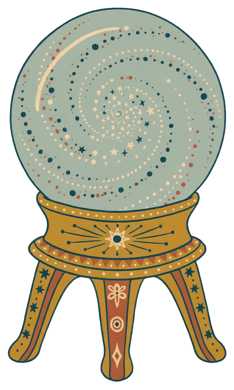 Flat folk art illustration of a starry teal crystal ball resting on a decorated mustard three-legged stand
