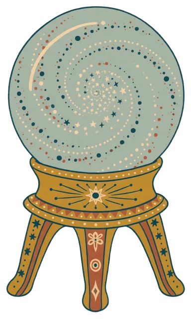 Flat folk art illustration of a starry teal crystal ball resting on a decorated mustard three-legged stand