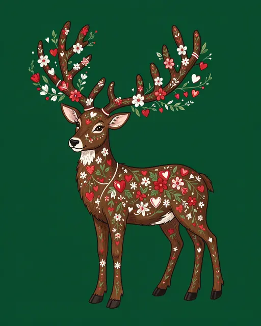 Folk art illustration of a reindeer adorned with flowers and hearts on a deep green background
