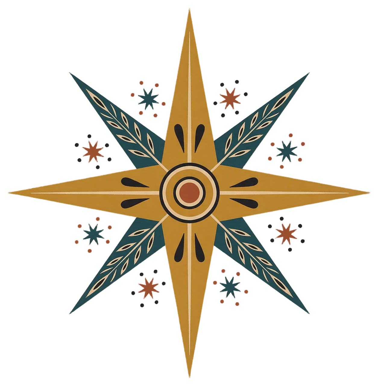 Flat folk art illustration of an alternating eight-point star with decorative small star accents