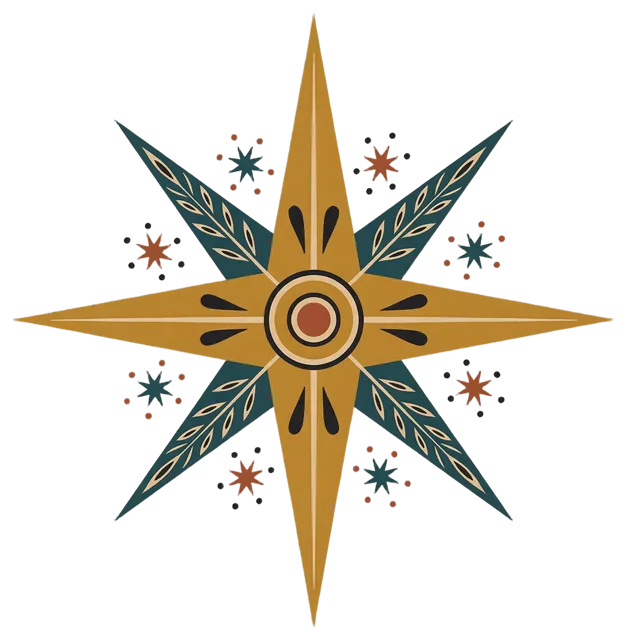 Flat folk art illustration of an alternating eight-point star with decorative small star accents