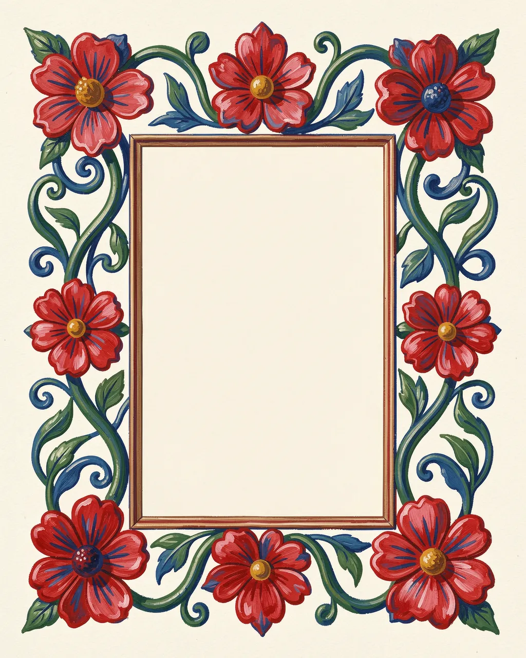 Gouache folk art border of red flowers and curling vines surrounding an empty ivory rectangular center