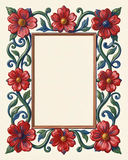 Gouache folk art border of red flowers and curling vines surrounding an empty ivory rectangular center