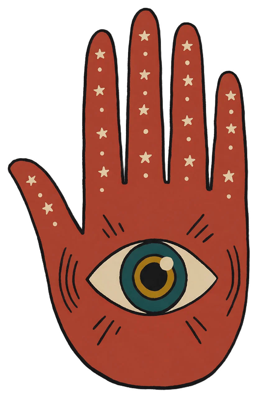 Terracotta hamsa hand with a central eye and cream star details on the fingers