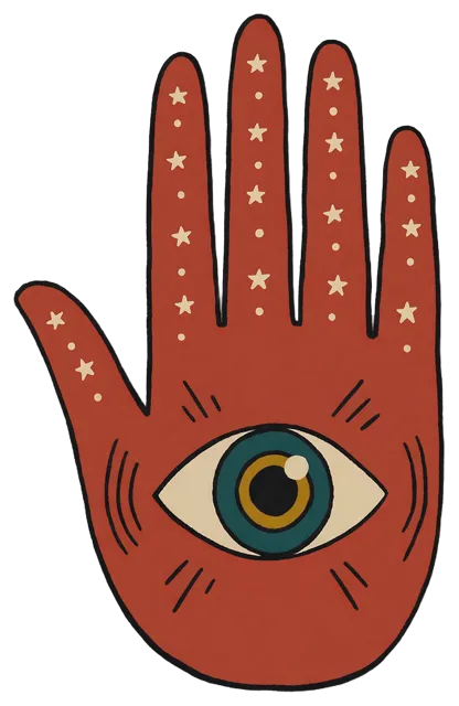 Terracotta hamsa hand with a central eye and cream star details on the fingers