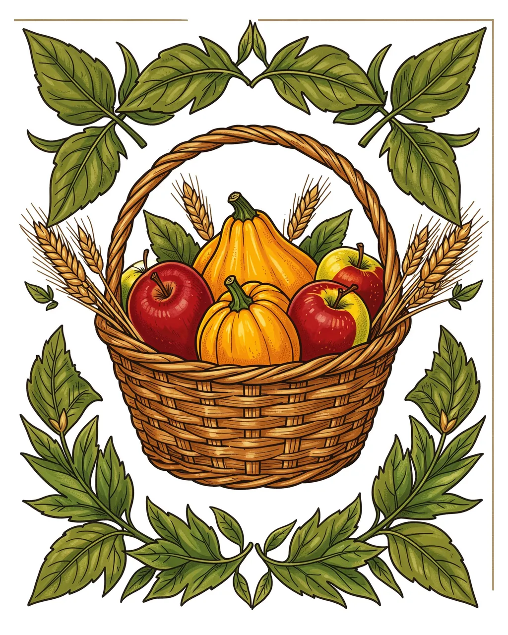 Symmetrical folk art illustration of a wicker harvest basket filled with squash, apples and wheat, framed by decorative