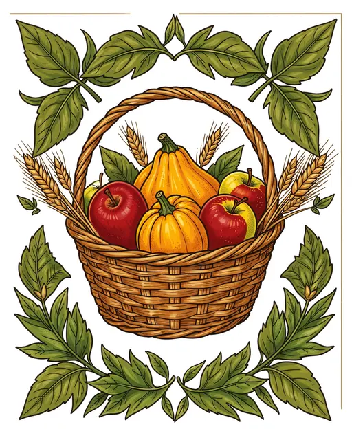 Symmetrical folk art illustration of a wicker harvest basket filled with squash, apples and wheat, framed by decorative