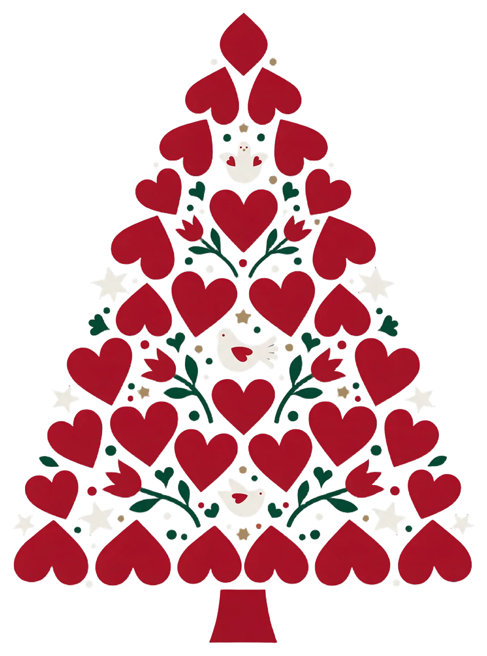 Symmetrical Scandinavian folk art Christmas tree built from red hearts, birds, tulips and stars on a short red trunk