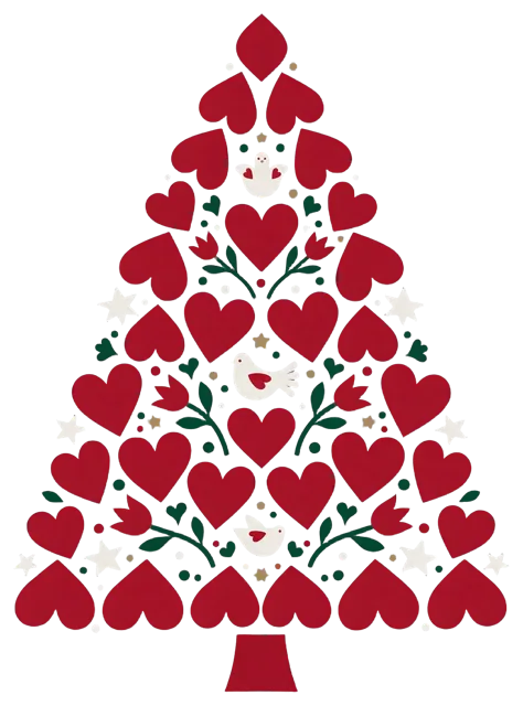 Symmetrical Scandinavian folk art Christmas tree built from red hearts, birds, tulips and stars on a short red trunk