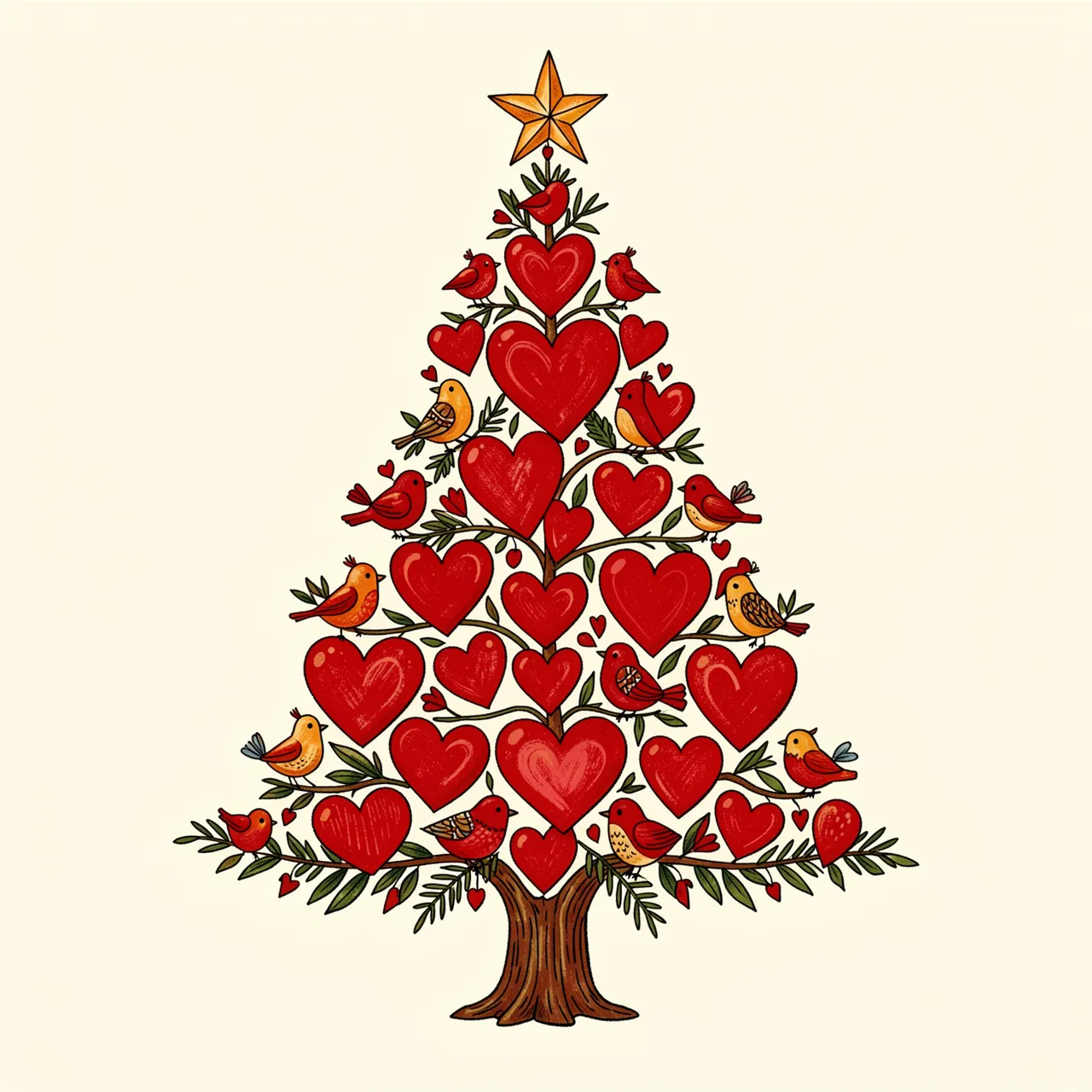 Folk art illustration of a Christmas tree decorated with red hearts and small birds on a cream background