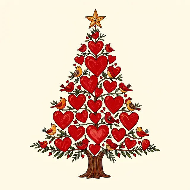 Folk art illustration of a Christmas tree decorated with red hearts and small birds on a cream background