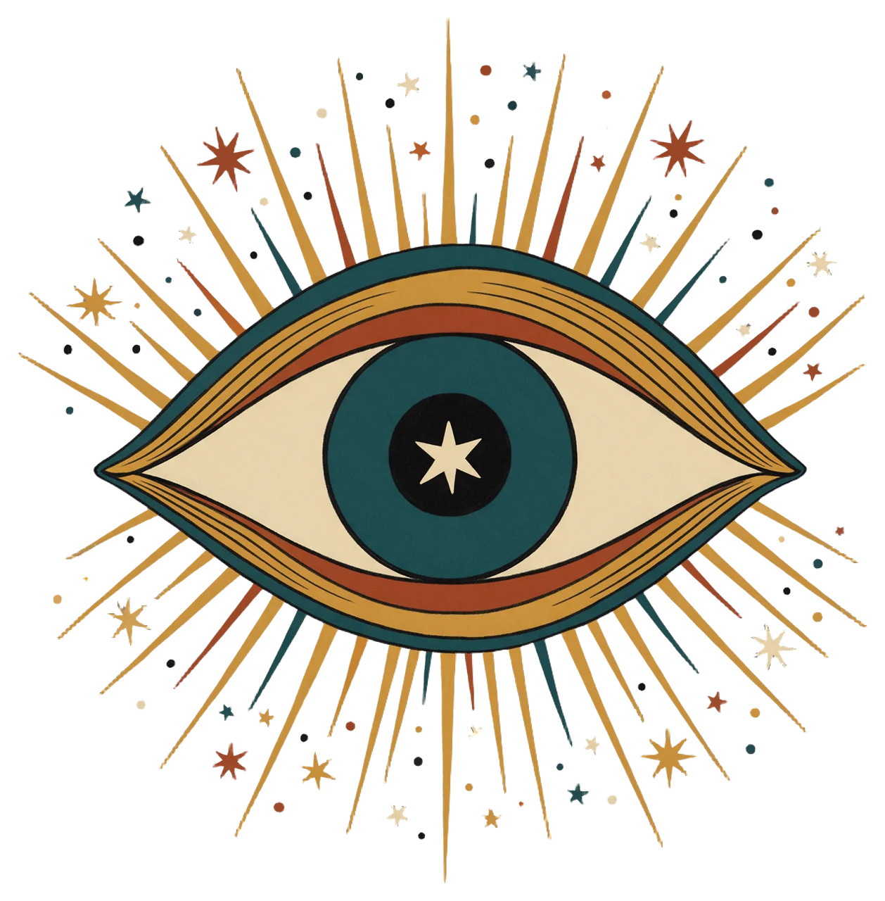 Flat vintage folk art illustration of an almond eye with a star pupil, radiating lashes and scattered small stars