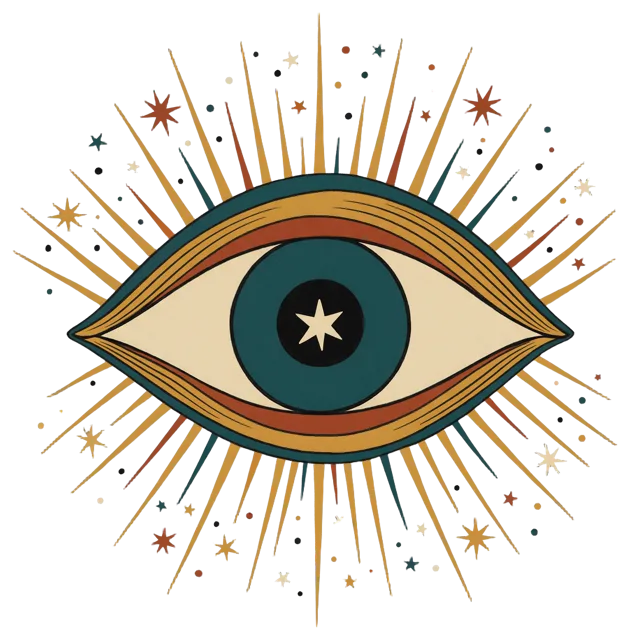 Flat vintage folk art illustration of an almond eye with a star pupil, radiating lashes and scattered small stars