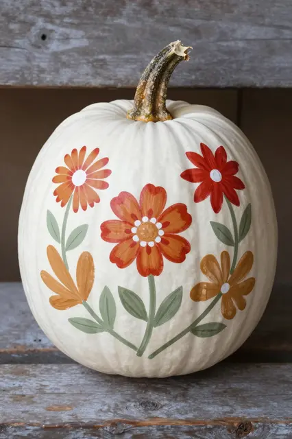 A white pumpkin decorated with hand-painted folk art flowers sits on a weathered wooden farmhouse bench.