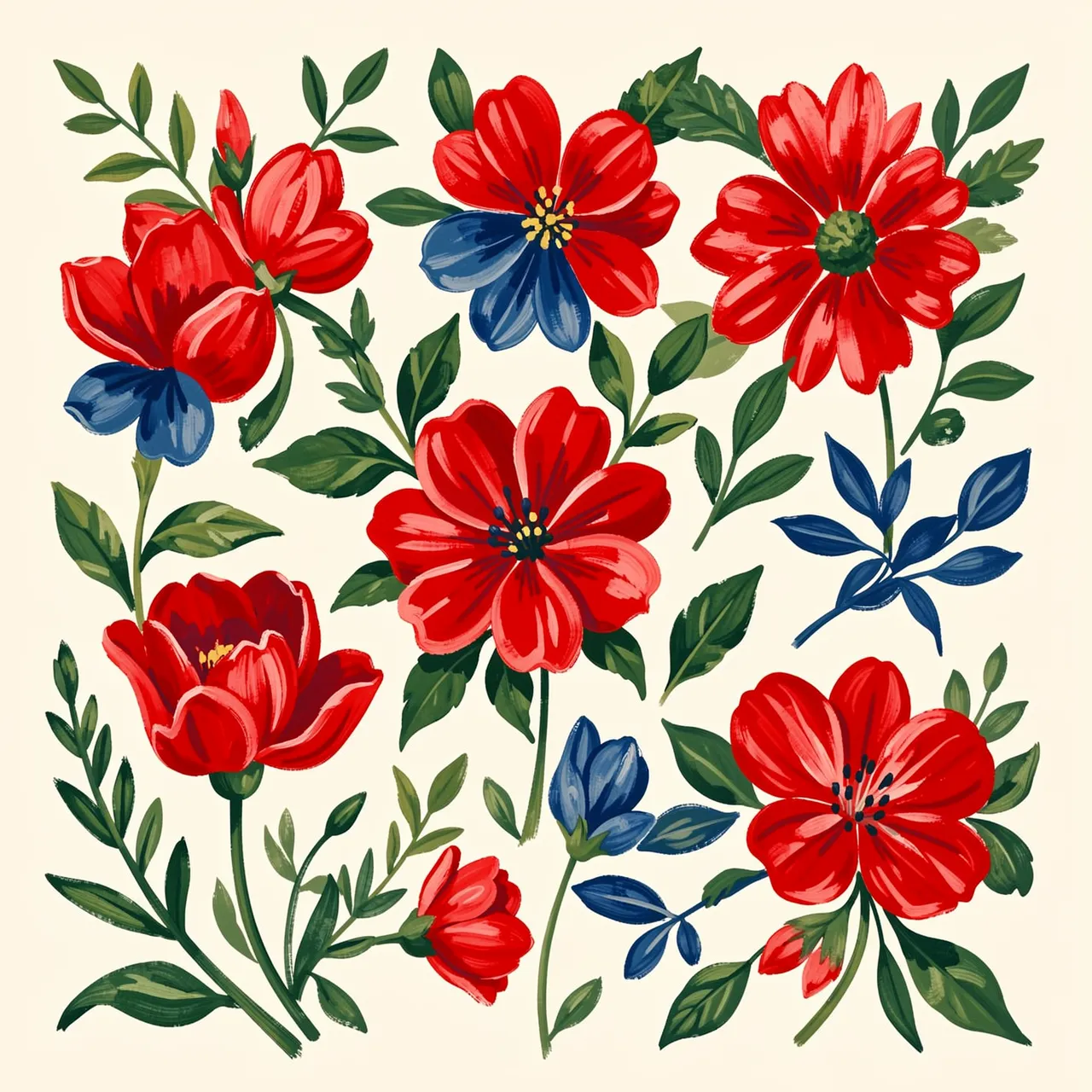 Hand-painted folk style red and blue blooms with green leafy sprigs arranged on a cream background