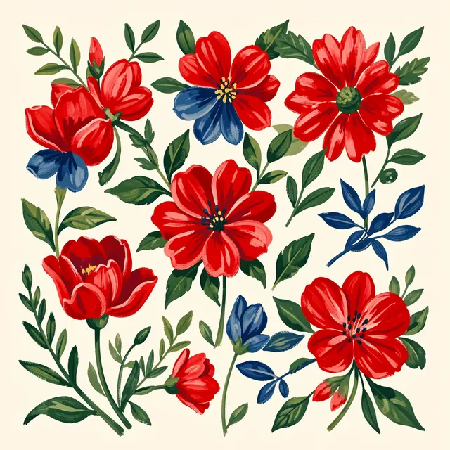 Hand-painted folk style red and blue blooms with green leafy sprigs arranged on a cream background