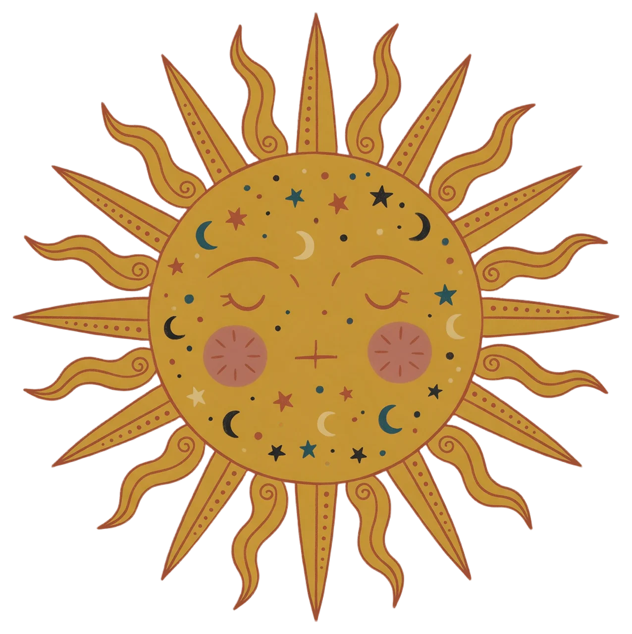 Folk art style sun illustration with a sleeping face, alternating rays, stars and moon details