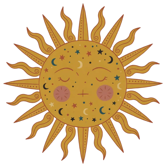 Folk art style sun illustration with a sleeping face, alternating rays, stars and moon details