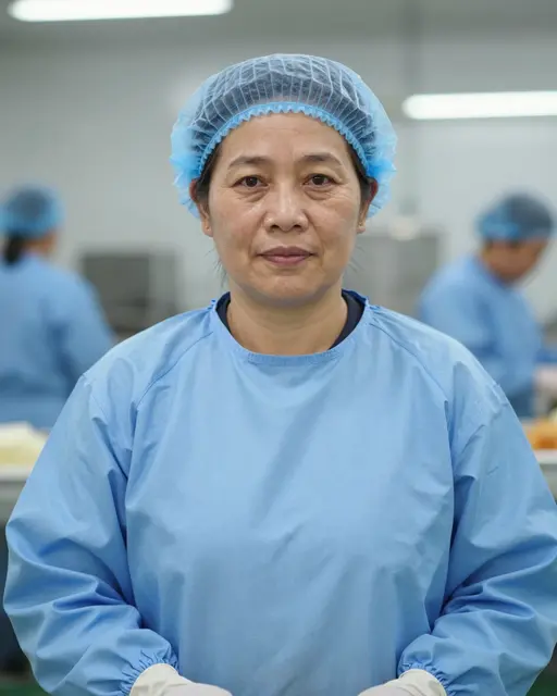 Mature Southeast Asian food production worker in protective gear stands in a processing facility