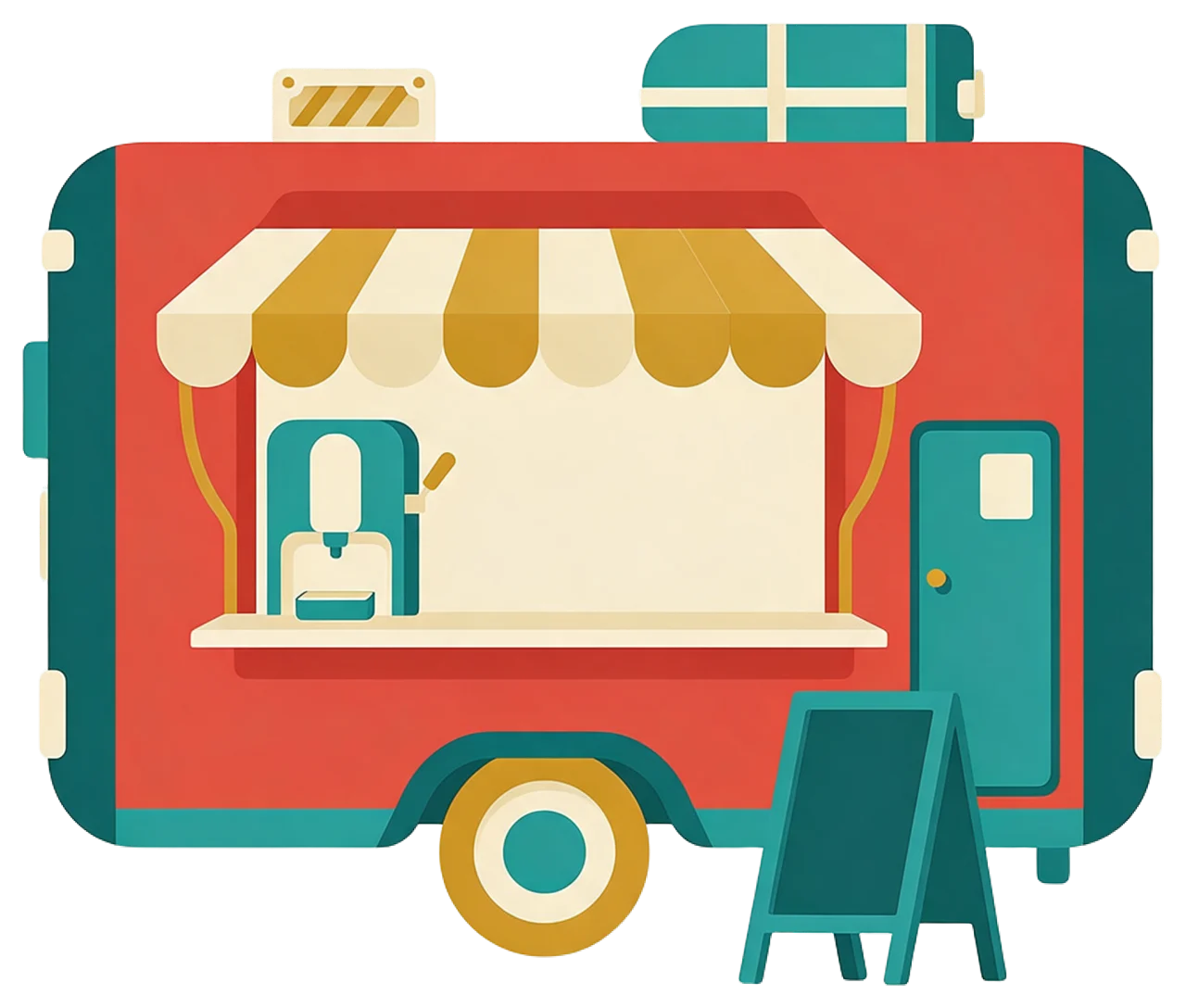 Side view flat vector illustration of a red food truck with a striped awning and blank chalkboard sign