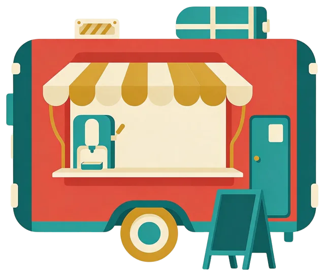 Side view flat vector illustration of a red food truck with a striped awning and blank chalkboard sign