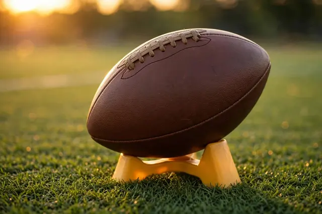 A brown leather American football rests on a yellow kicking tee on grass turf during golden hour sunset.