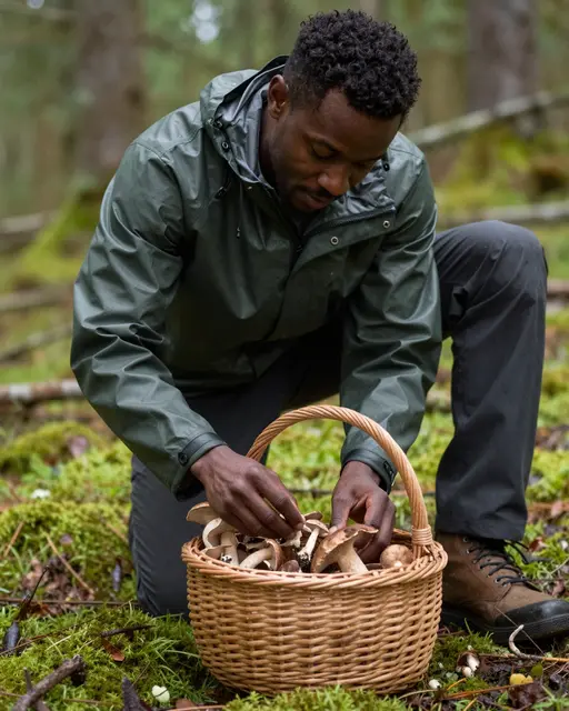 A Black man in a rain jacket kneels to place wild mushrooms into a wicker basket on a mossy forest floor