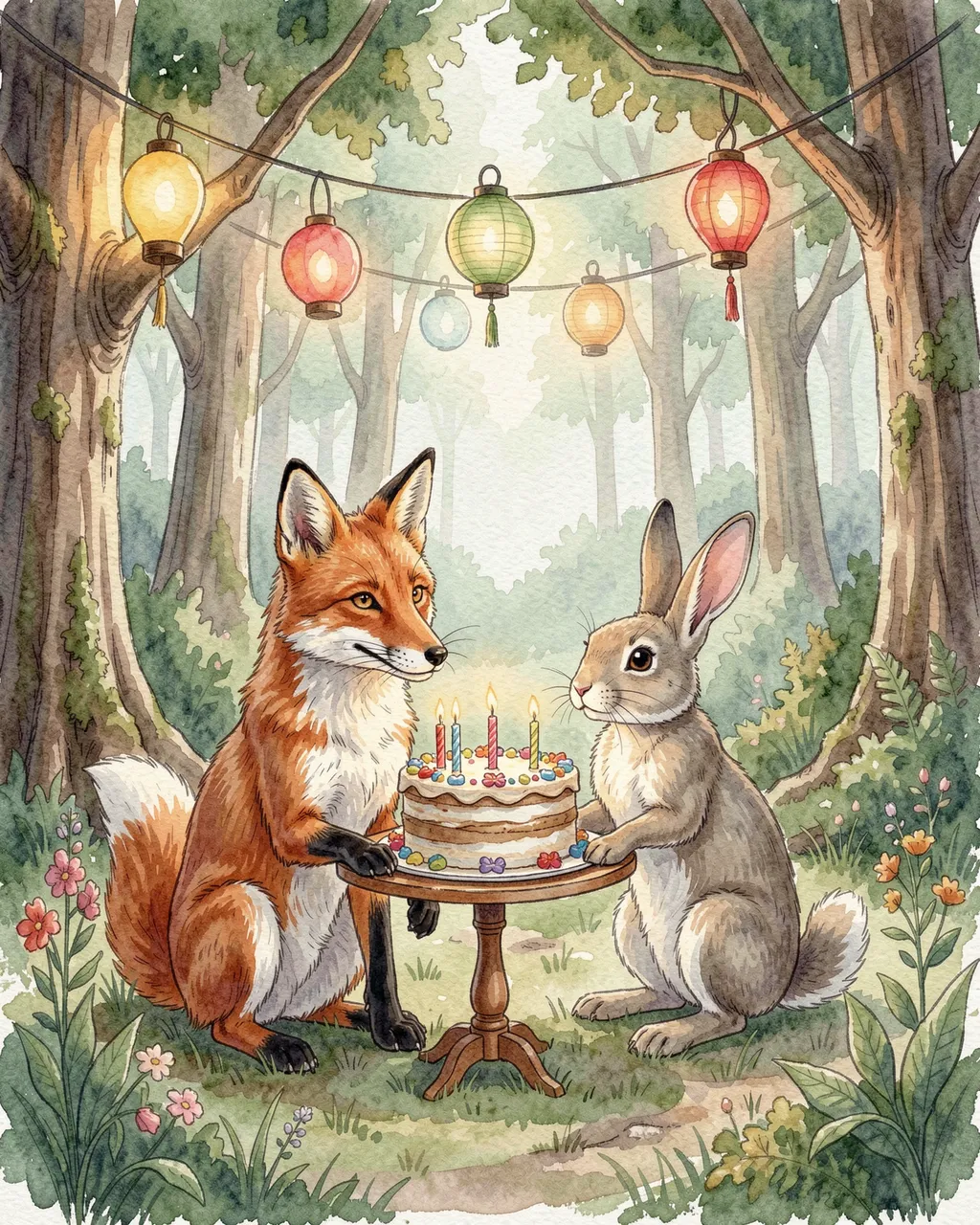 Watercolor illustration of a fox and rabbit sitting with a birthday cake in a lantern-strung forest clearing