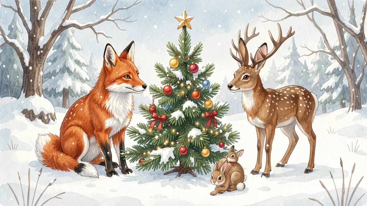 A fox, two hares, and a deer gather around a decorated small fir tree in a snowy winter forest clearing.
