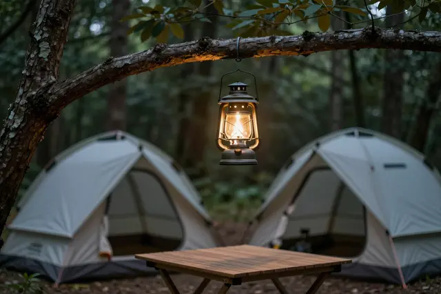 Lit vintage lantern hangs from a tree branch above a folding table between two tents in a dark forest