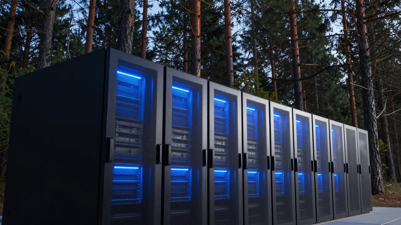 Row of glowing blue server racks positioned outdoors in a dense pine forest at twilight
