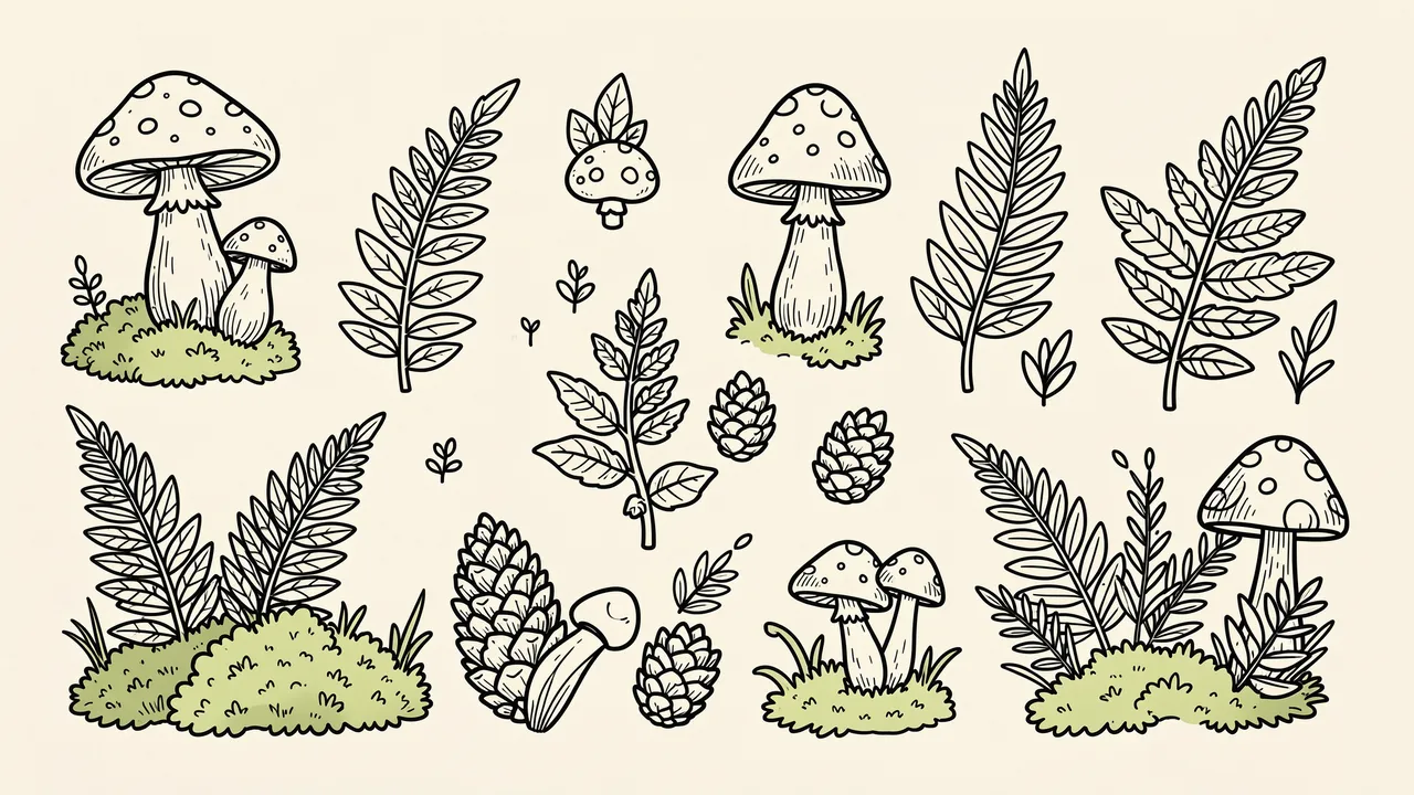 Collection of hand-drawn line doodles of mushrooms, ferns, pinecones and moss on cream paper