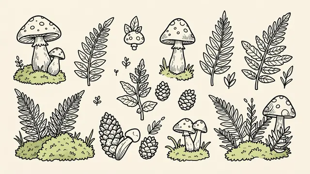 Collection of hand-drawn line doodles of mushrooms, ferns, pinecones and moss on cream paper