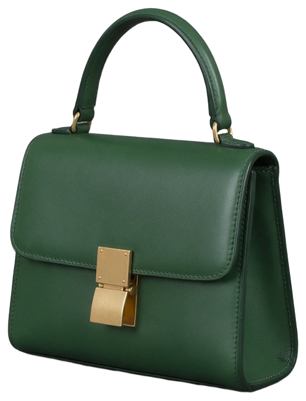 Structured forest green leather top-handle handbag with a brass clasp, viewed from a slight angle