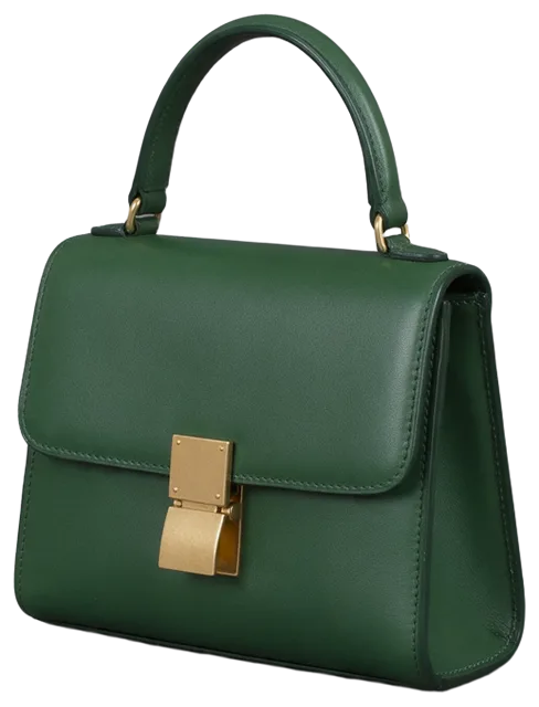 Structured forest green leather top-handle handbag with a brass clasp, viewed from a slight angle
