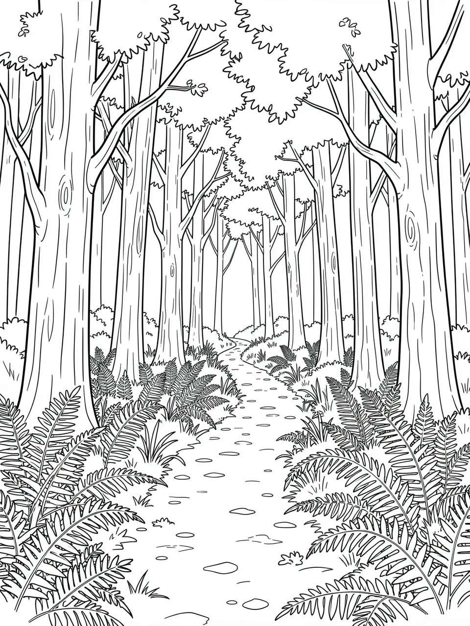 Black and white line art of a winding forest path lined with tall trees and ferns on a blank white background