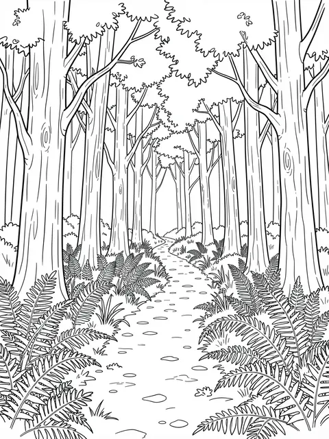 Black and white line art of a winding forest path lined with tall trees and ferns on a blank white background