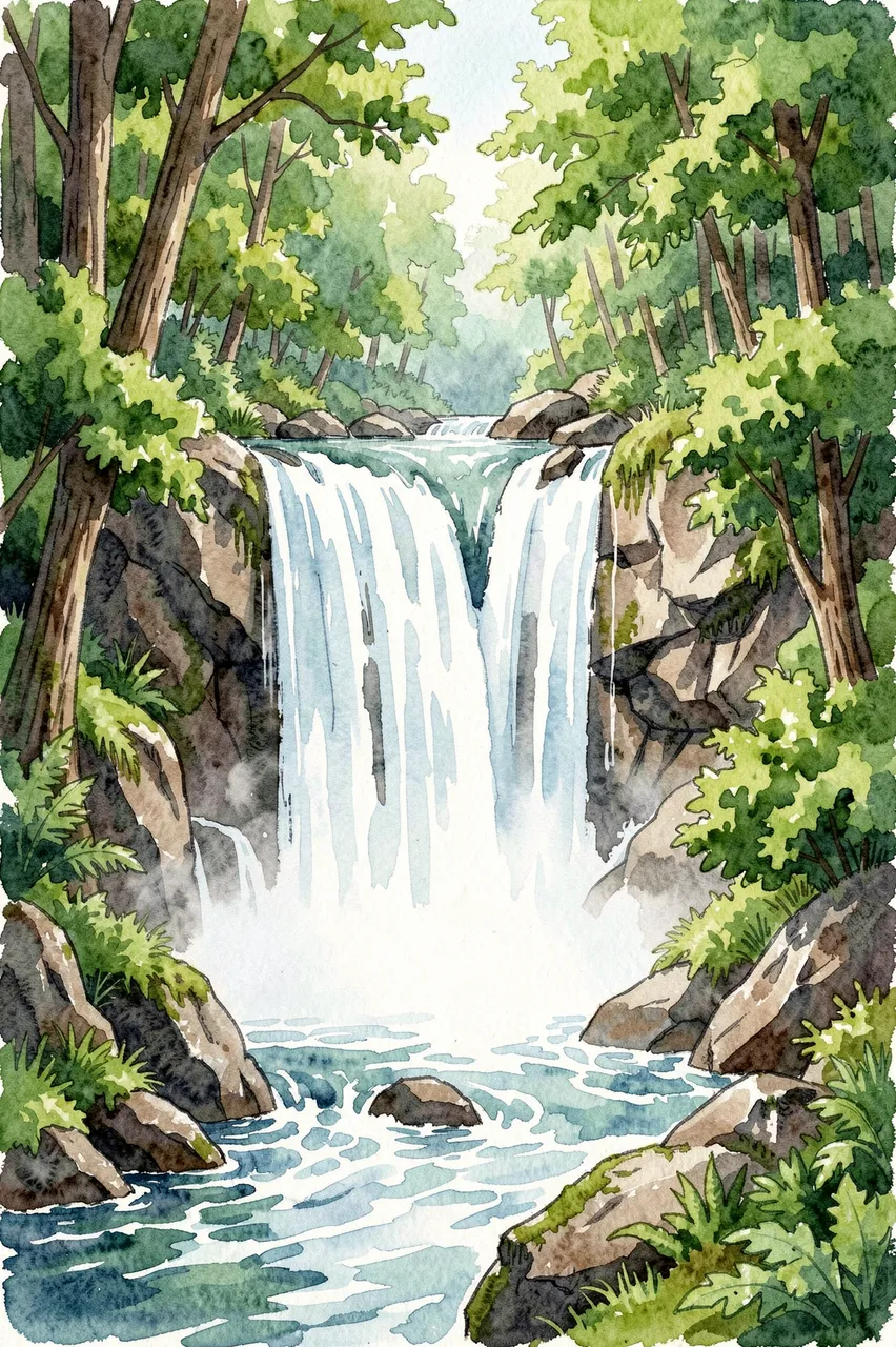 Watercolor illustration of a cascading waterfall surrounded by dense green forest and rocky banks