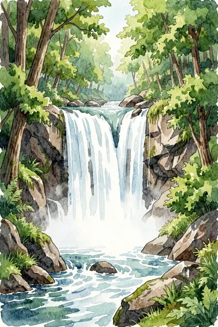 Watercolor illustration of a cascading waterfall surrounded by dense green forest and rocky banks
