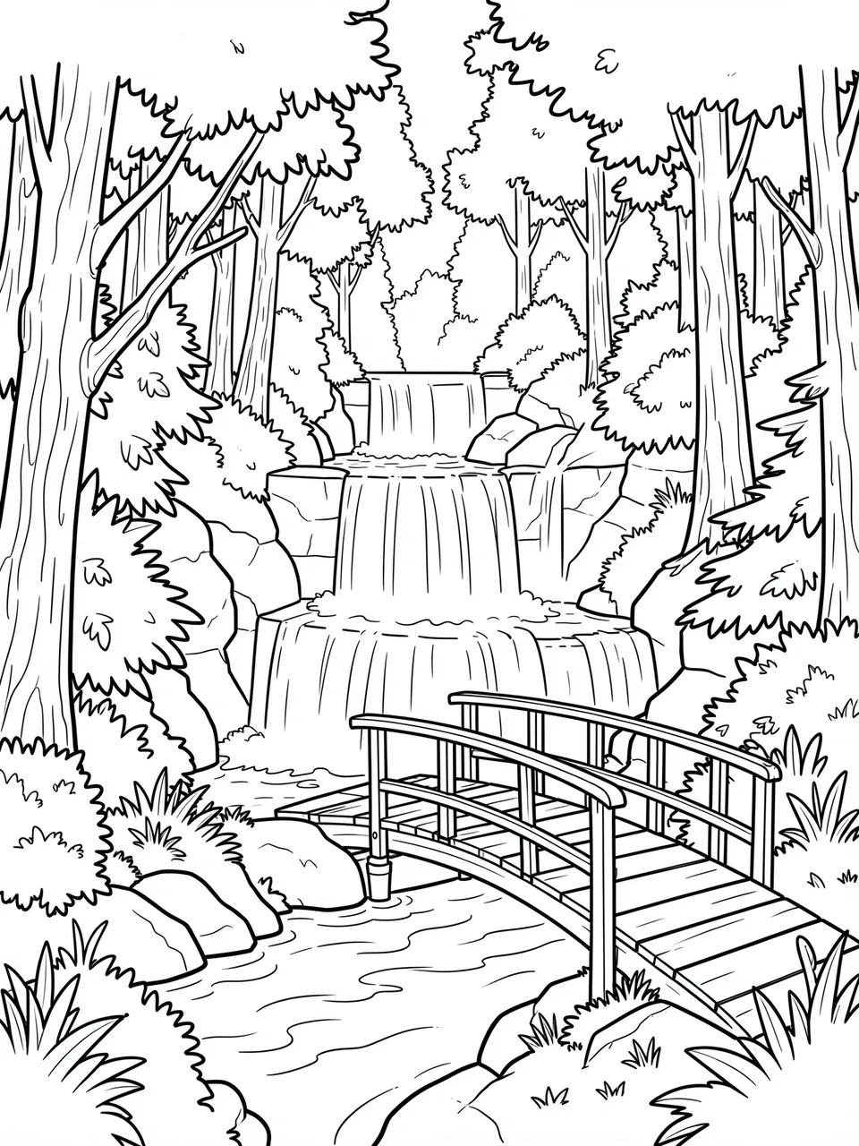 Black and white line art of a tiered forest waterfall with a wooden footbridge on a plain white background