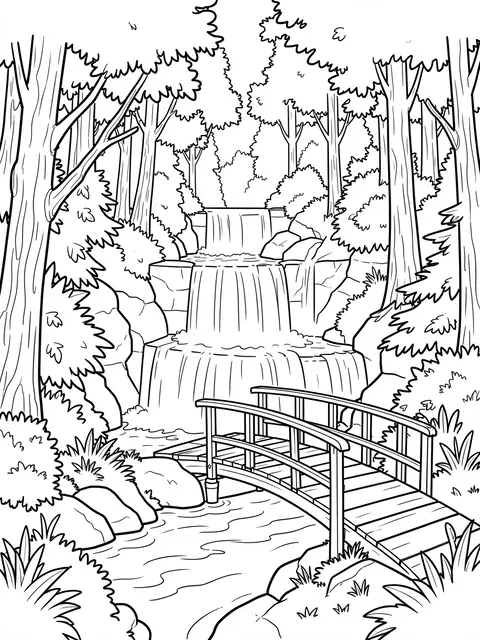 Black and white line art of a tiered forest waterfall with a wooden footbridge on a plain white background
