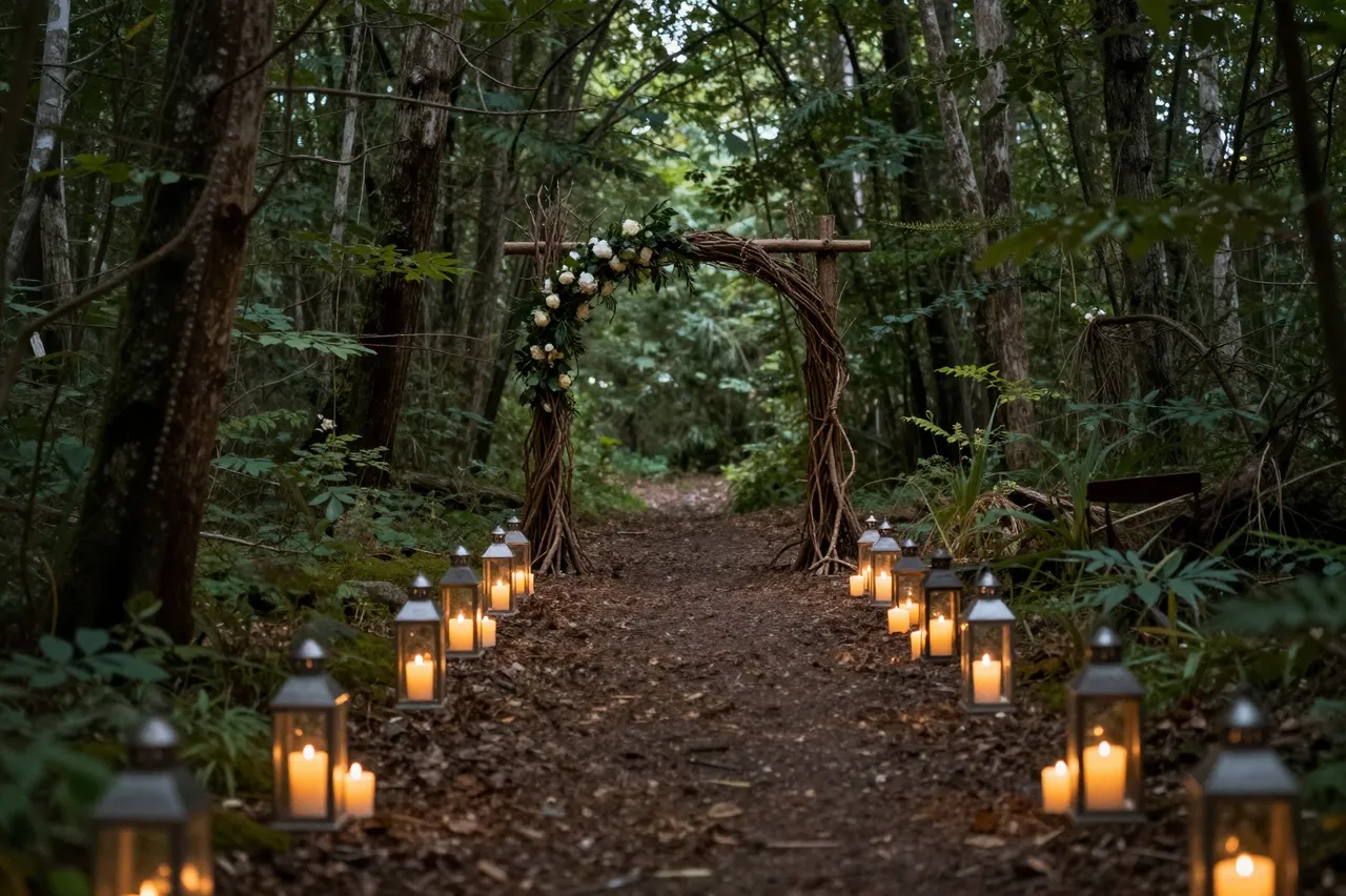 A wooded forest path lined with glowing lanterns leads to a floral branch wedding arch